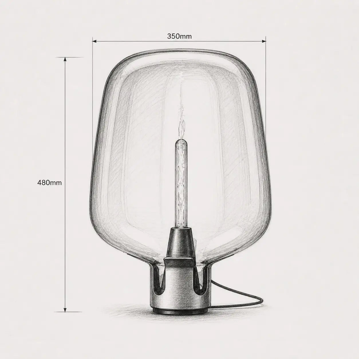 Lampe de bureau design Nebula – dimensions 350mm x 480mm, schéma technique