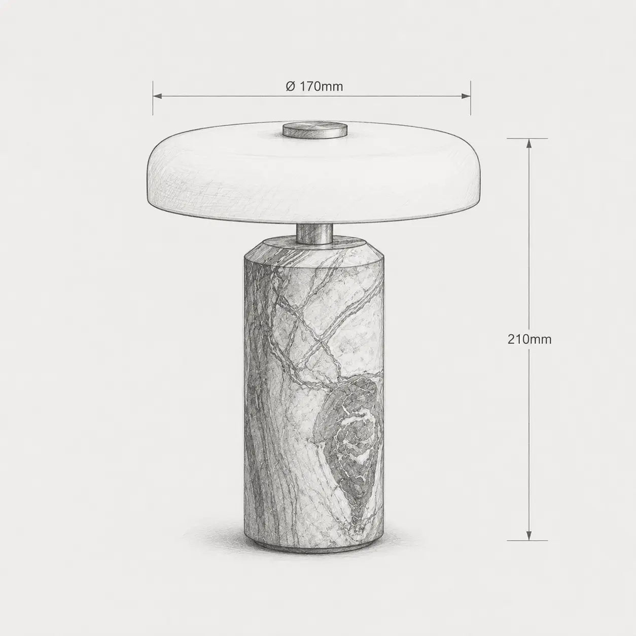 Lampe de bureau design Noctis – dimensions Ø170mm x 210mm, schéma technique
