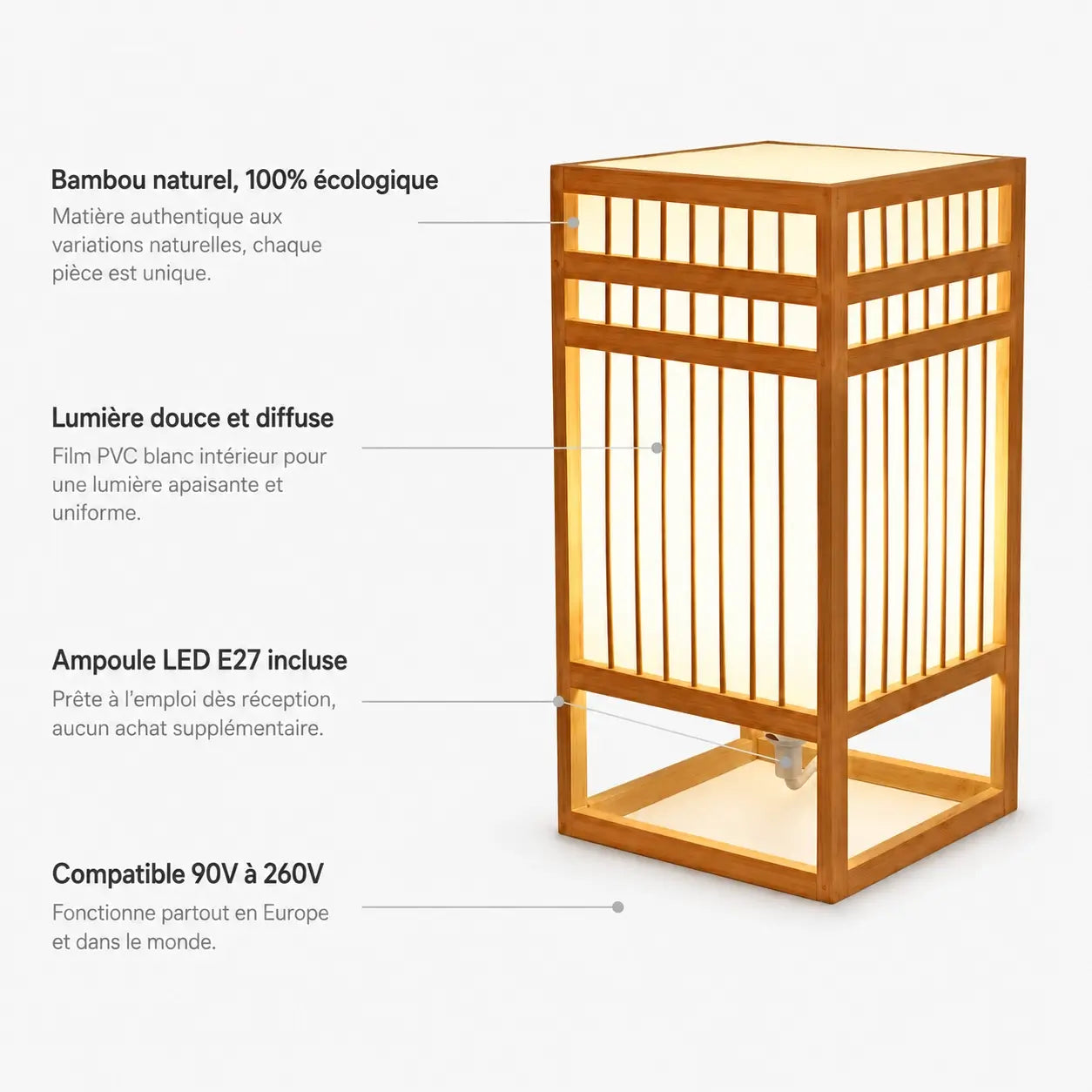 Caractéristiques de la lampe lanterne Turris : bambou naturel, lumière diffuse, ampoule LED E27 incluse