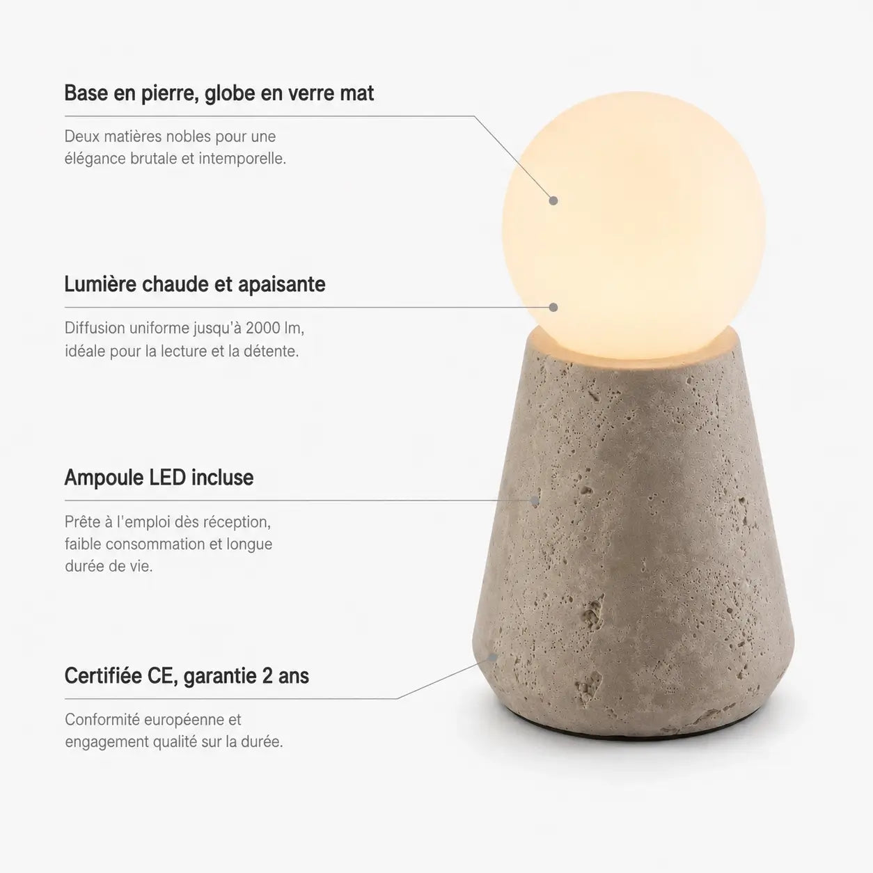 Caractéristiques de la lampe Saxum petite : pierre, verre mat, LED incluse, CE, garantie 2 ans