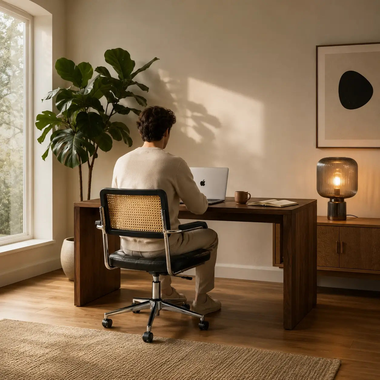 Chaise de bureau Canna dans un home office chaleureux avec vue sur jardin en automne