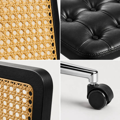 Chaise de bureau design Canna – détails rotin tressé, assise capitonnée, accoudoir et roulette