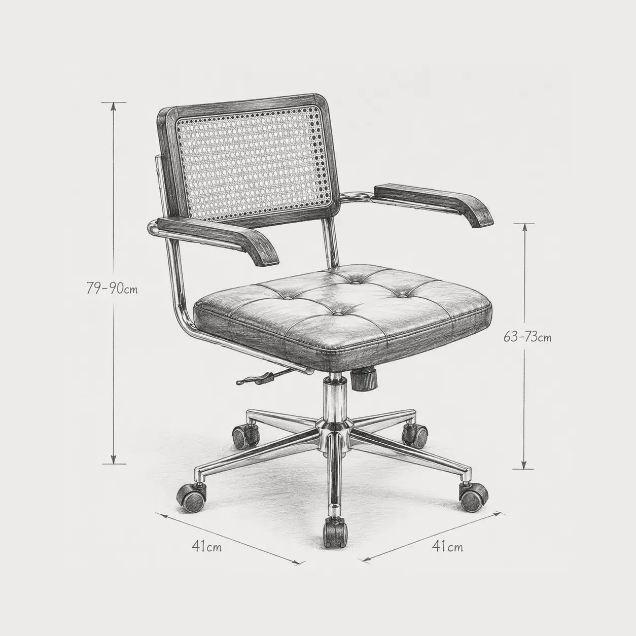 Chaise de bureau design Canna – dimensions 41x41cm, hauteur réglable 63-90cm, schéma