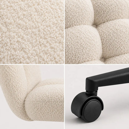 Chaise de bureau design Opia – détails tissu bouclé, capitonnage et roulette noire