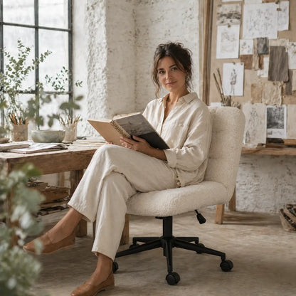 Chaise de bureau ergonomique Opia avec femme assise dans un atelier créatif lumineux
