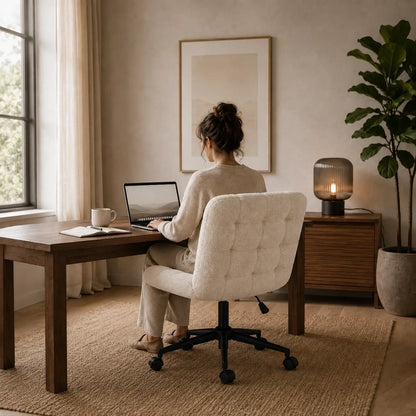 Chaise de bureau Opia bouclé ivoire dans un home office zen minimaliste avec bambou