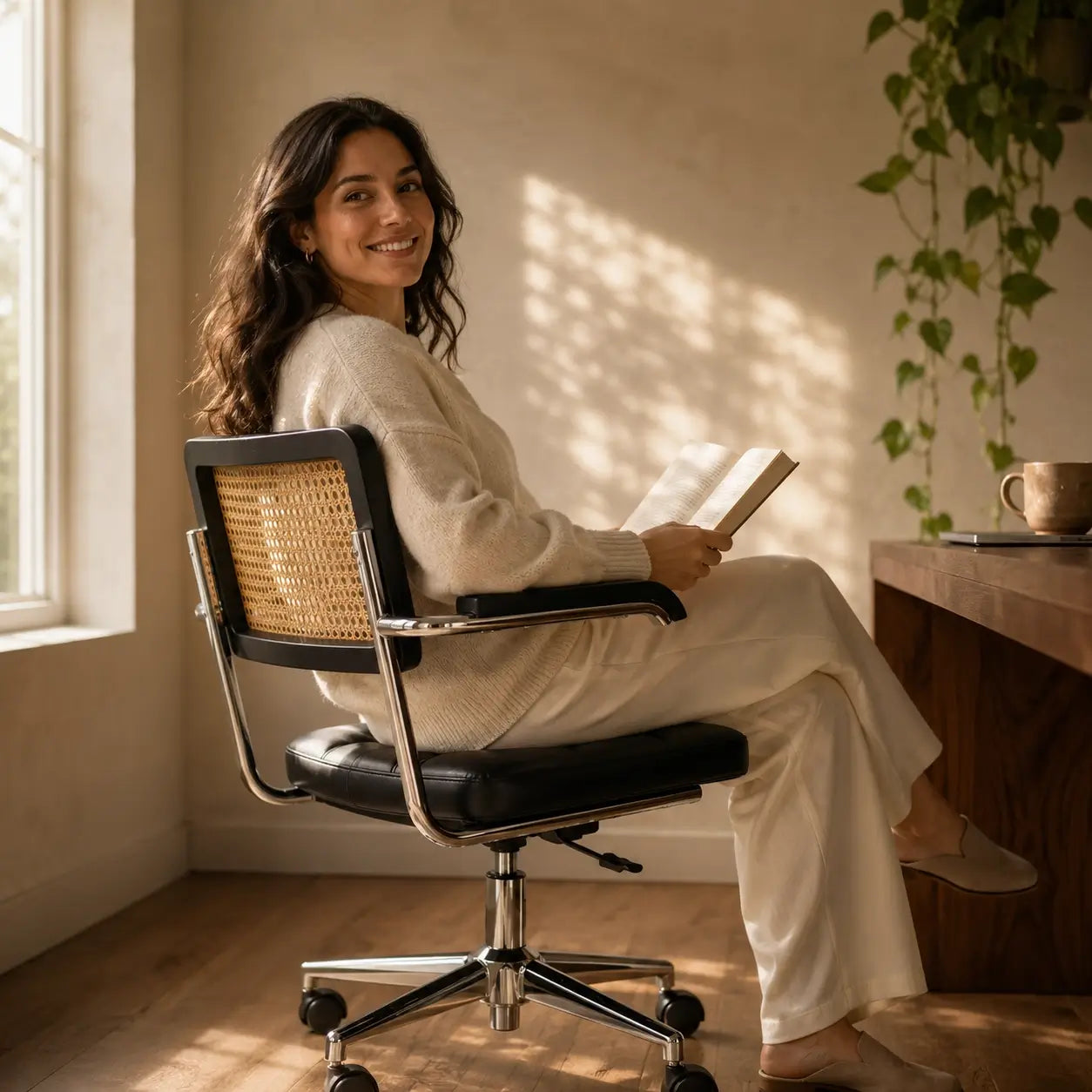 Chaise de bureau rétro vintage Canna avec femme assise tenant un livre, intérieur lumineux