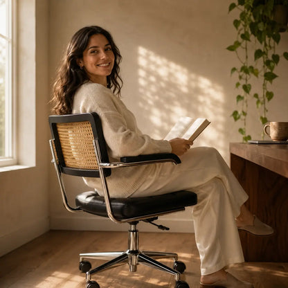 Chaise de bureau rétro vintage Canna avec femme assise tenant un livre, intérieur lumineux