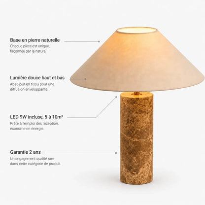 Infographie des caractéristiques de la lampe à poser Ara : base en pierre naturelle, abat-jour en tissu, LED 9W incluse, garantie 2 ans