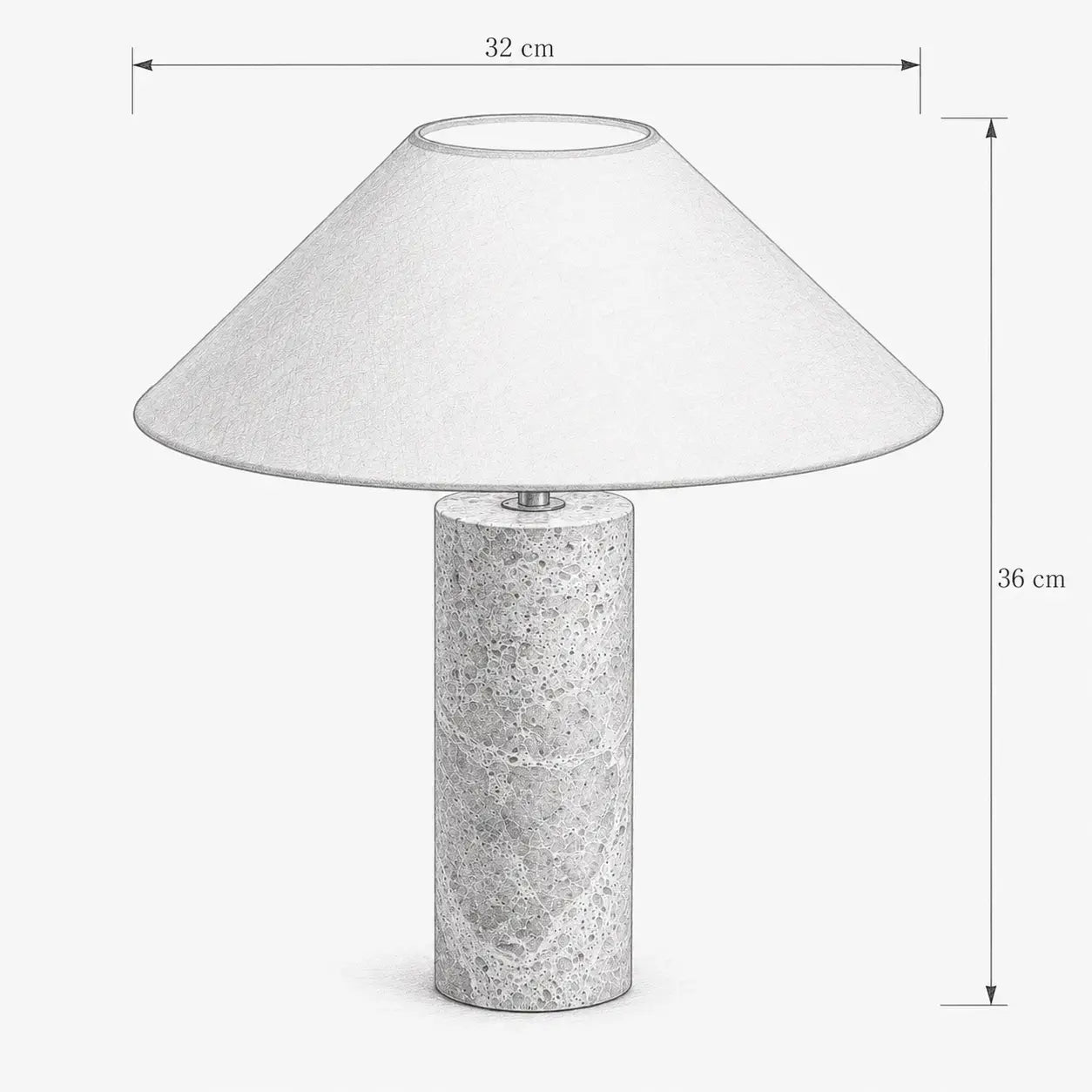 Croquis coté de la lampe à poser Ara : 32 cm de diamètre et 36 cm de hauteur
