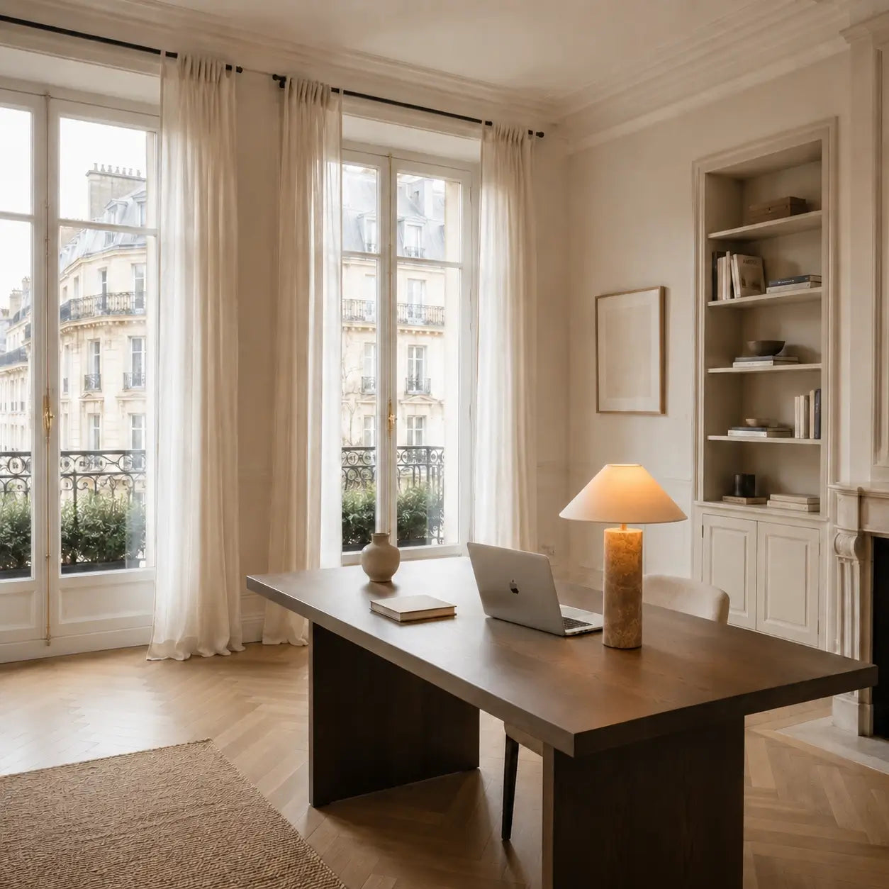 Lampe à poser Ara en marbre marron dans un appartement parisien aux moulures et parquet chevron