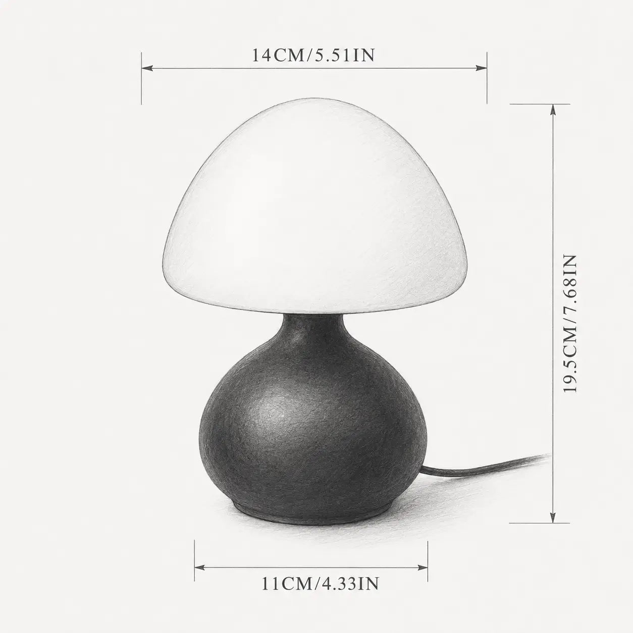 Dimensions de la lampe champignon Bulla : hauteur 19,5 cm, largeur 14 cm, base 11 cm