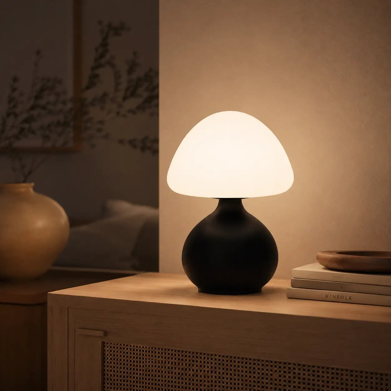 Lampe champignon Bulla noire allumée sur un meuble en bois, lueur douce et chaleureuse en soirée