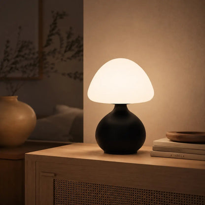 Lampe champignon Bulla noire allumée sur un meuble en bois, lueur douce et chaleureuse en soirée