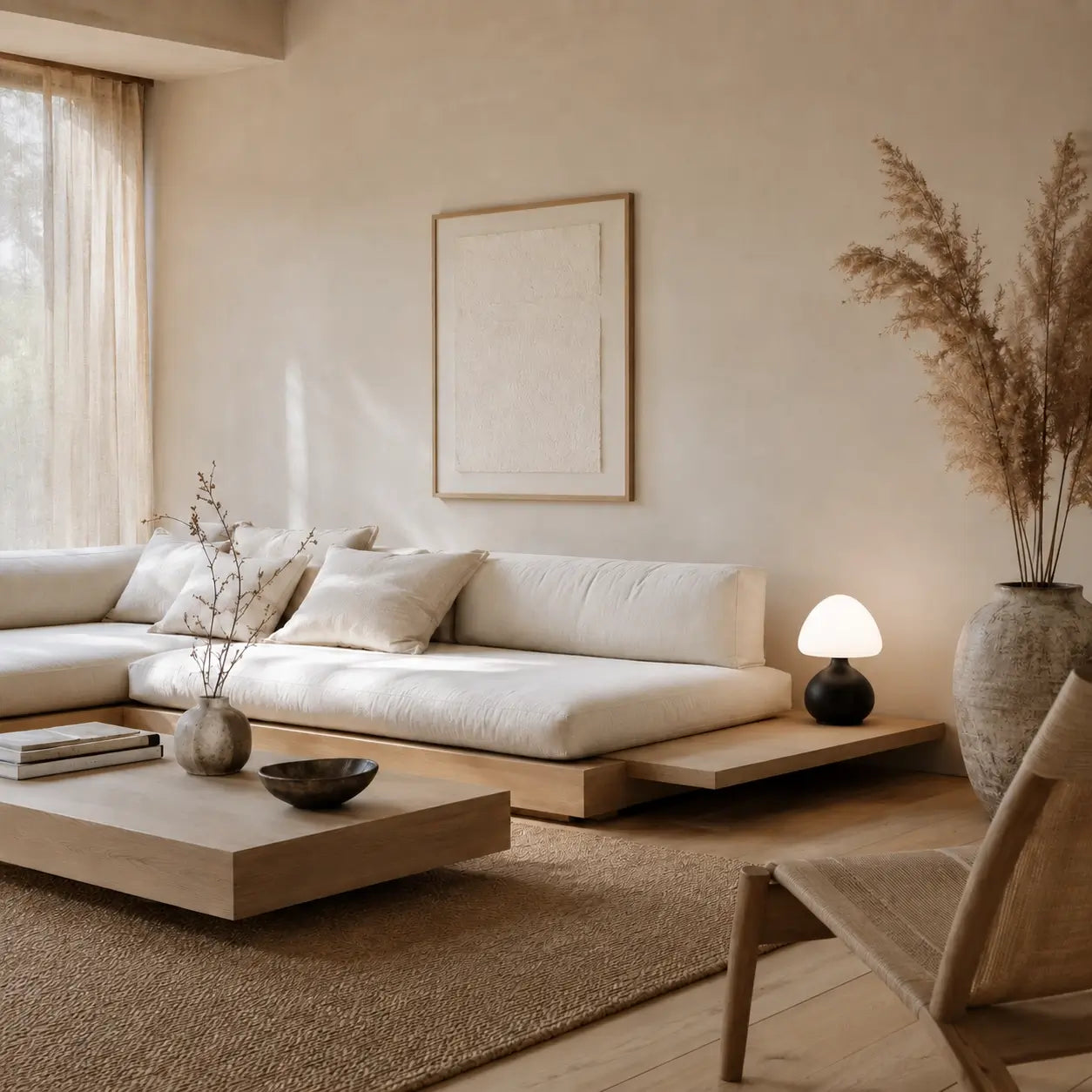 Lampe champignon Bulla noire posée sur une table d'appoint dans un salon aux tons neutres et chaleureux