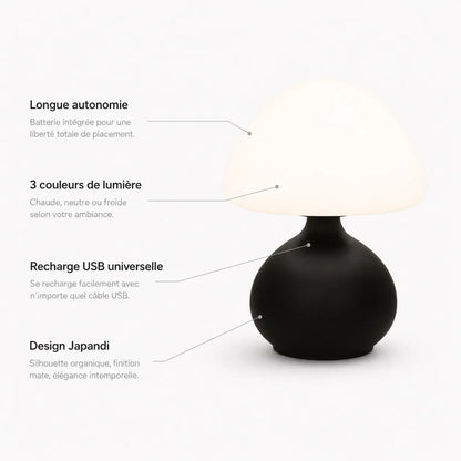 Caractéristiques de la lampe champignon Bulla : longue autonomie, recharge USB, trois couleurs de lumière, design Japandi