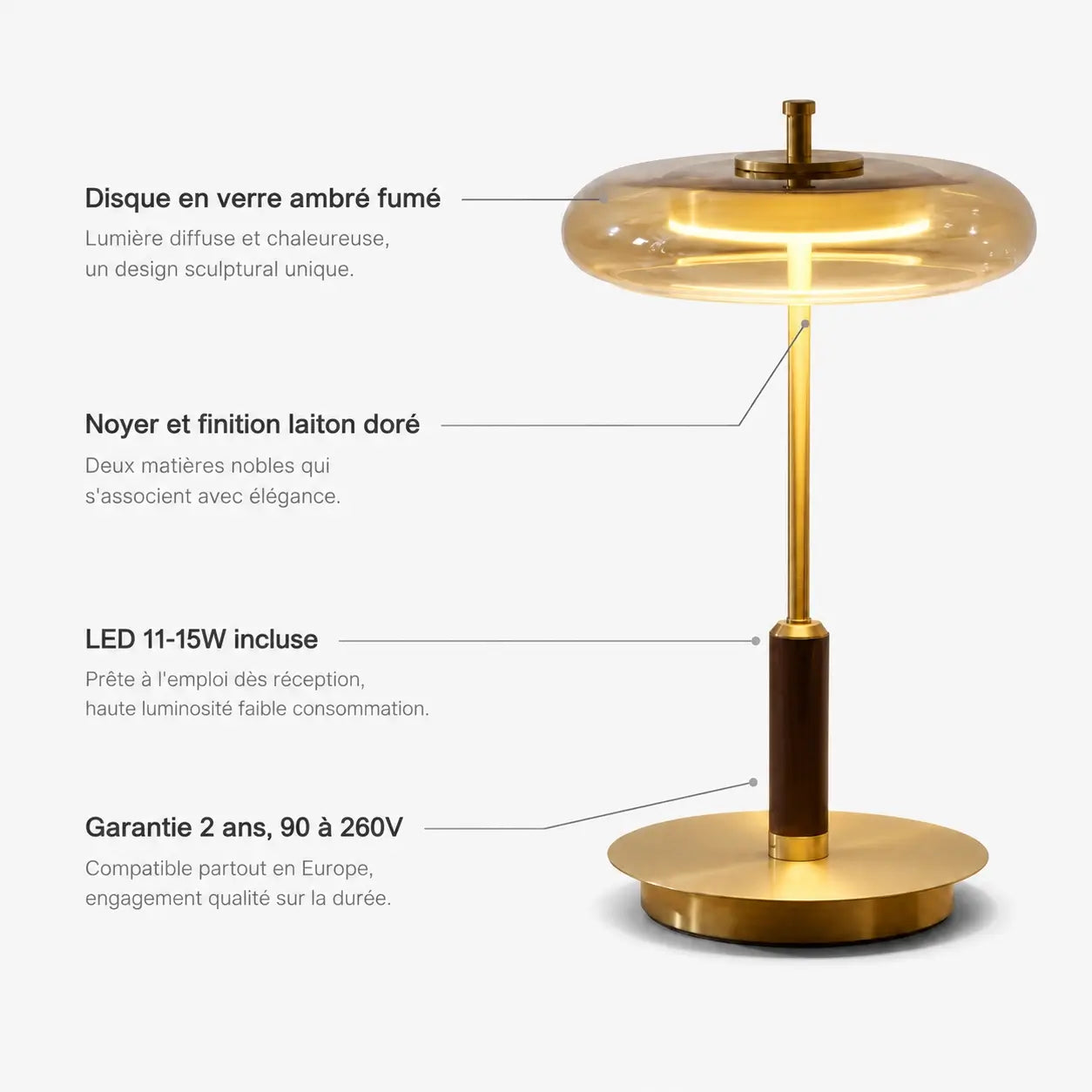 Infographie des caractéristiques de la lampe Lentis : disque en verre fumé, noyer et laiton, LED incluse, garantie 2 ans