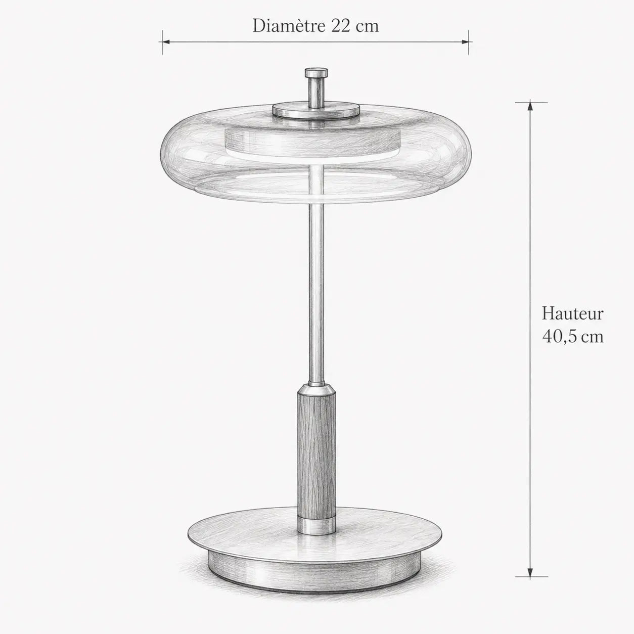 Croquis coté de la lampe Lentis : disque de 22 cm de diamètre, hauteur totale 40,5 cm