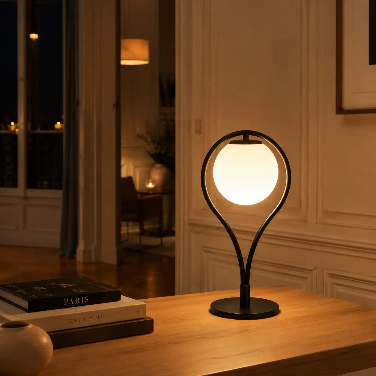 Lampe de bureau Halos allumée sur un bureau en chêne, globe opalin diffusant une lueur chaleureuse en soirée