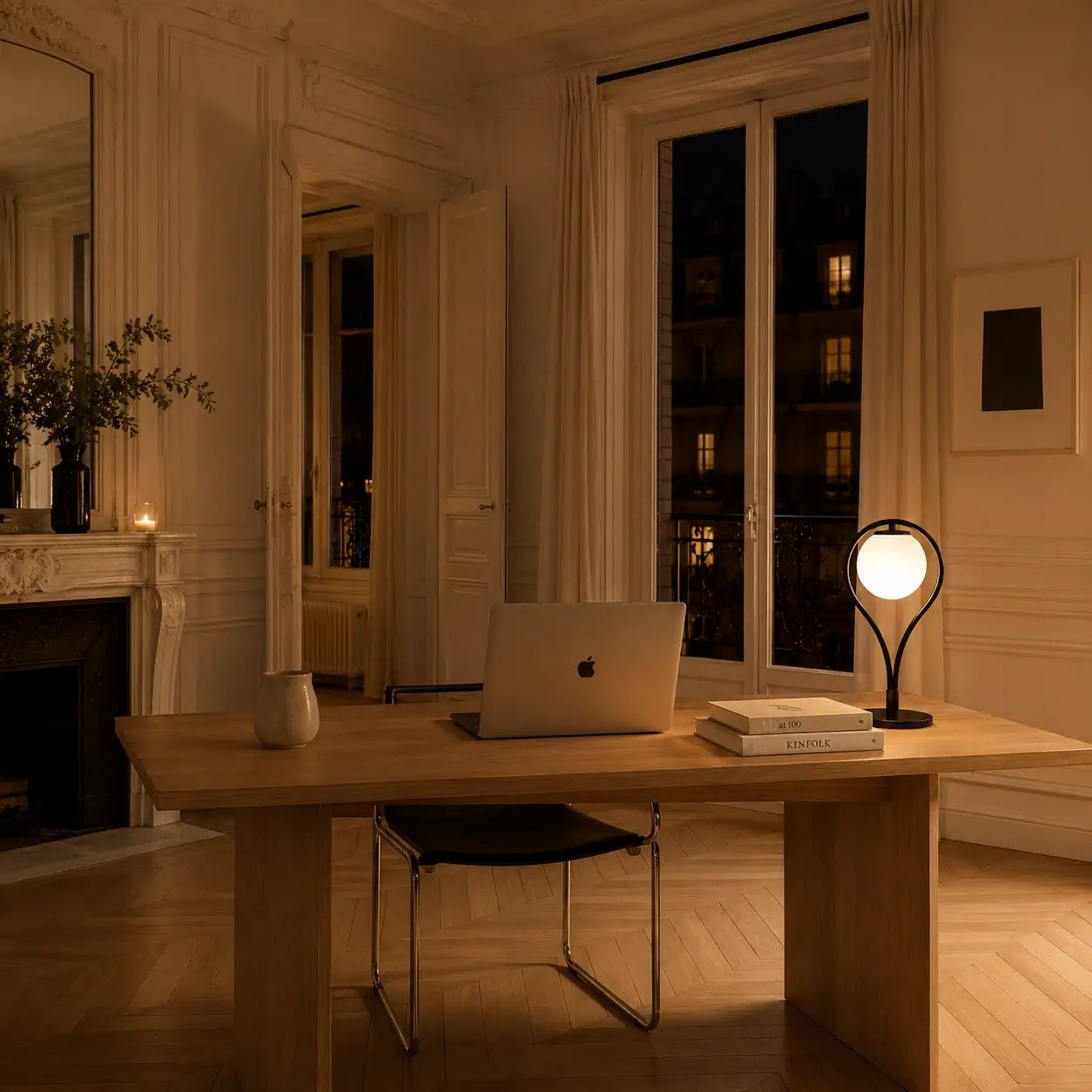 Lampe de bureau Halos allumée sur un grand bureau en chêne dans un bureau haussmannien parisien en soirée