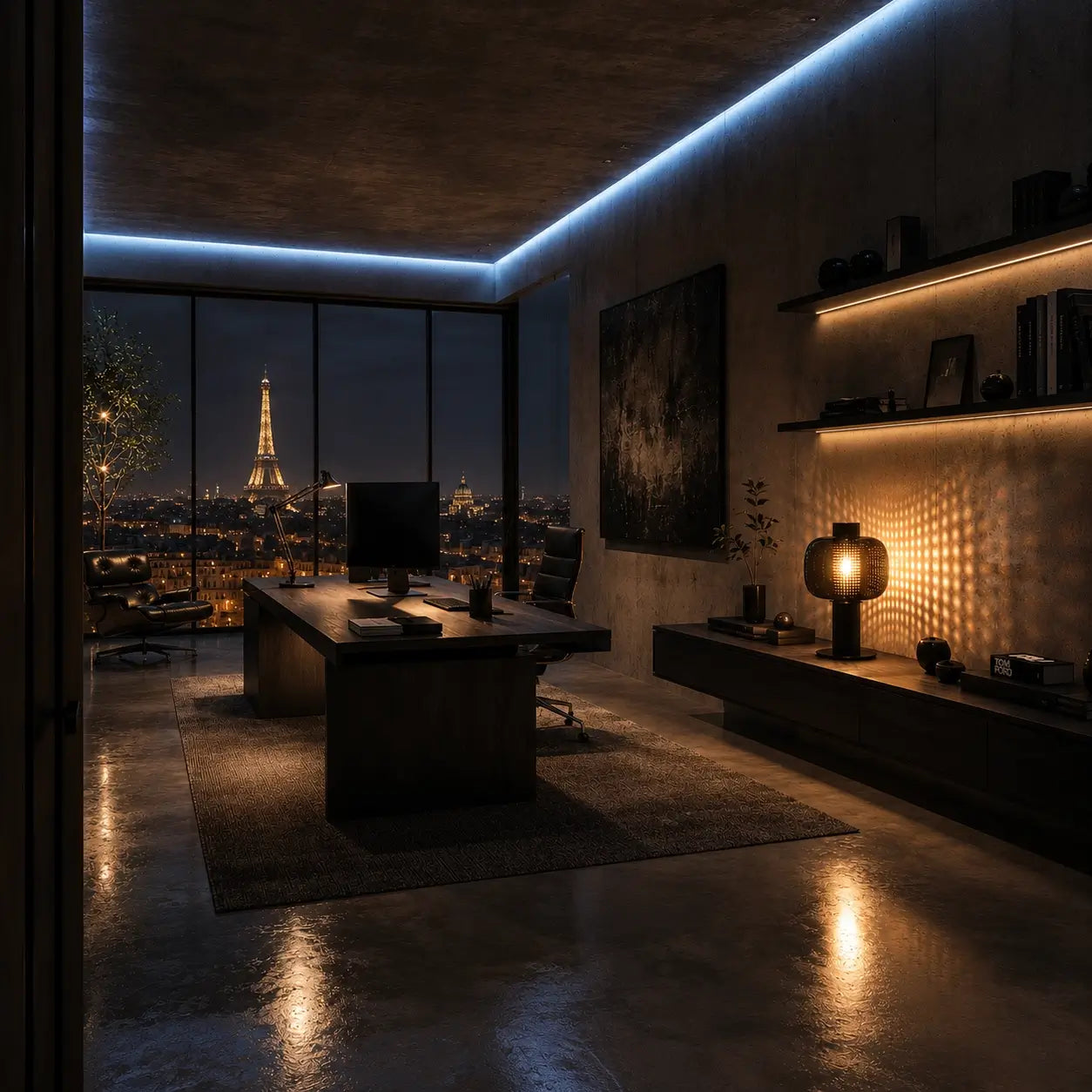 Lampe de bureau Astrum dans un home office sombre avec vue sur Paris et la Tour Eiffel