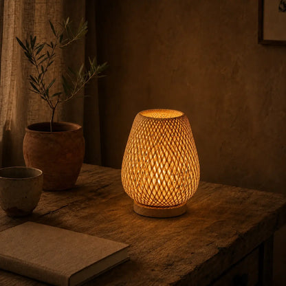 Lampe Textura en bambou tressé allumée sur une table en bois, lumière chaude filtrée par la trame en losange