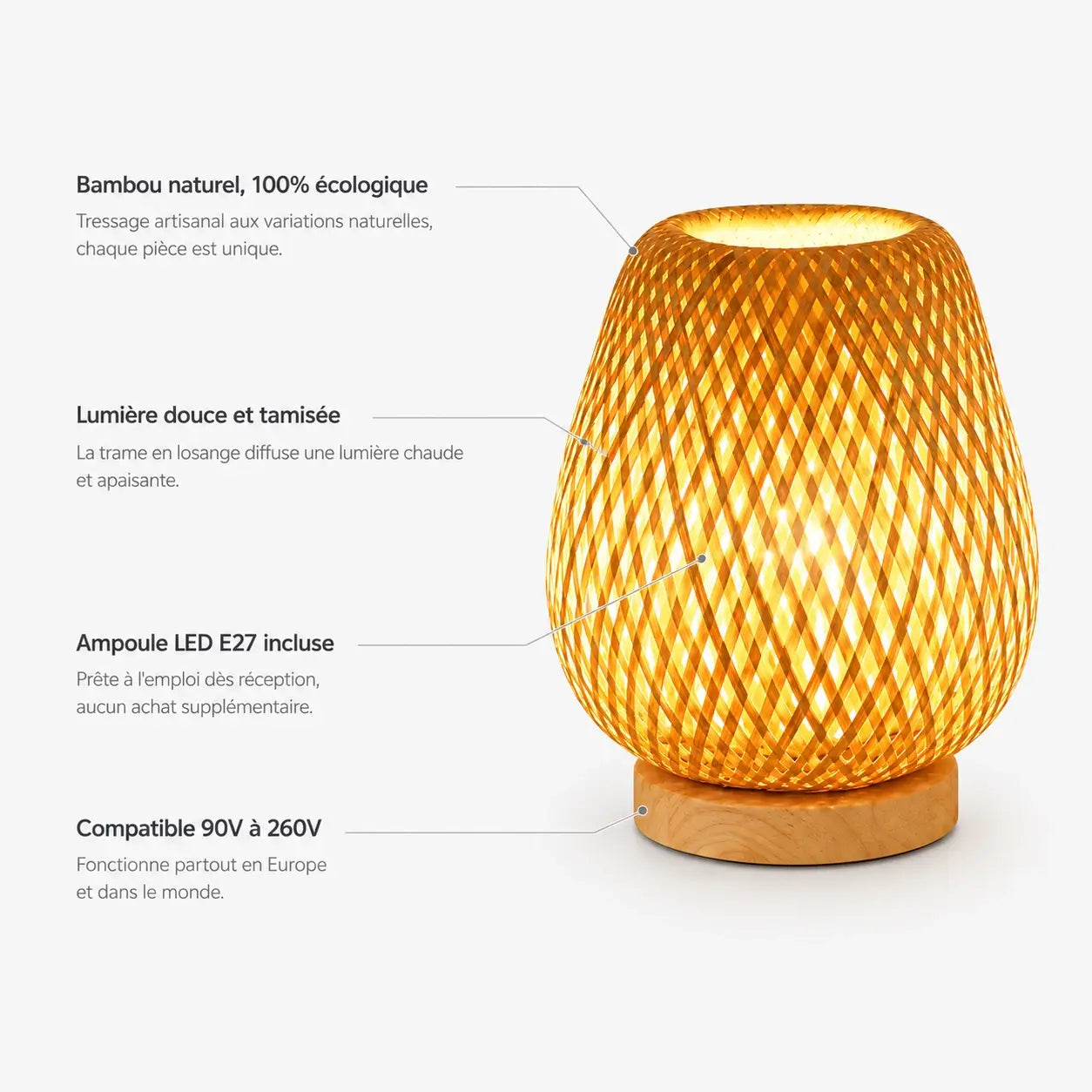 Caractéristiques de la lampe Textura : bambou tressé, lumière tamisée, ampoule LED E27 incluse