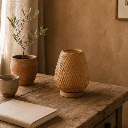 Lampe Textura en bambou tressé posée sur une table en bois brut dans un intérieur aux tons terracotta