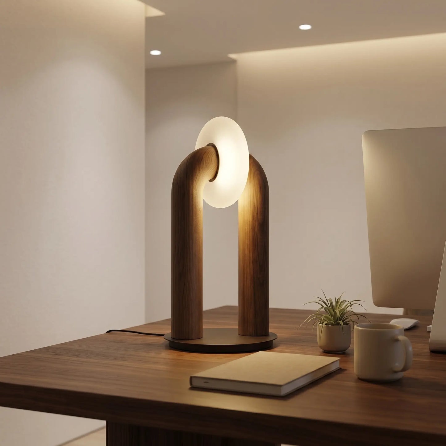 Lampe de bureau bois Arcus allumée ambiance soir
