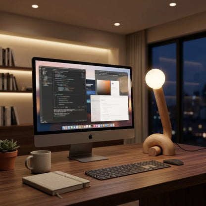 Lampe de bureau bois Cauda allumée ambiance soir setup iMac