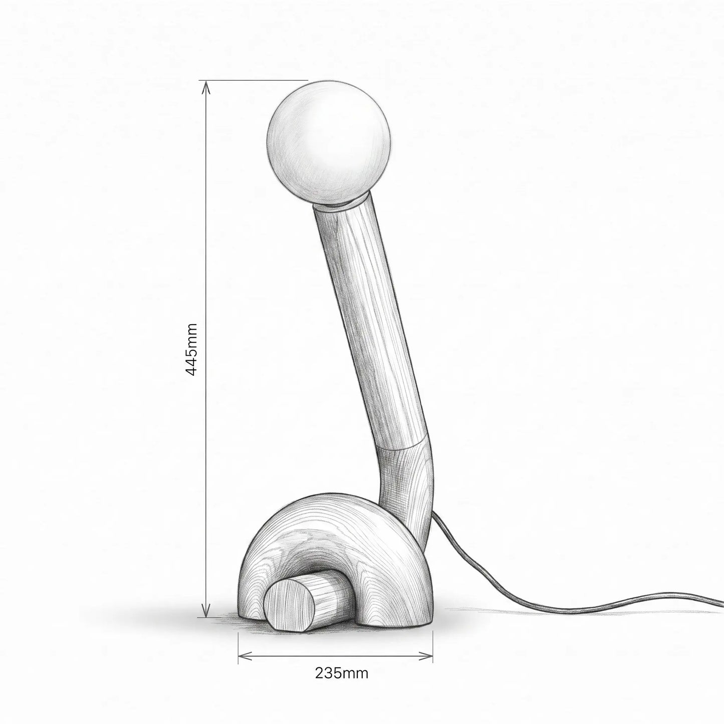 Lampe de bureau Cauda dimensions 235x445mm croquis technique