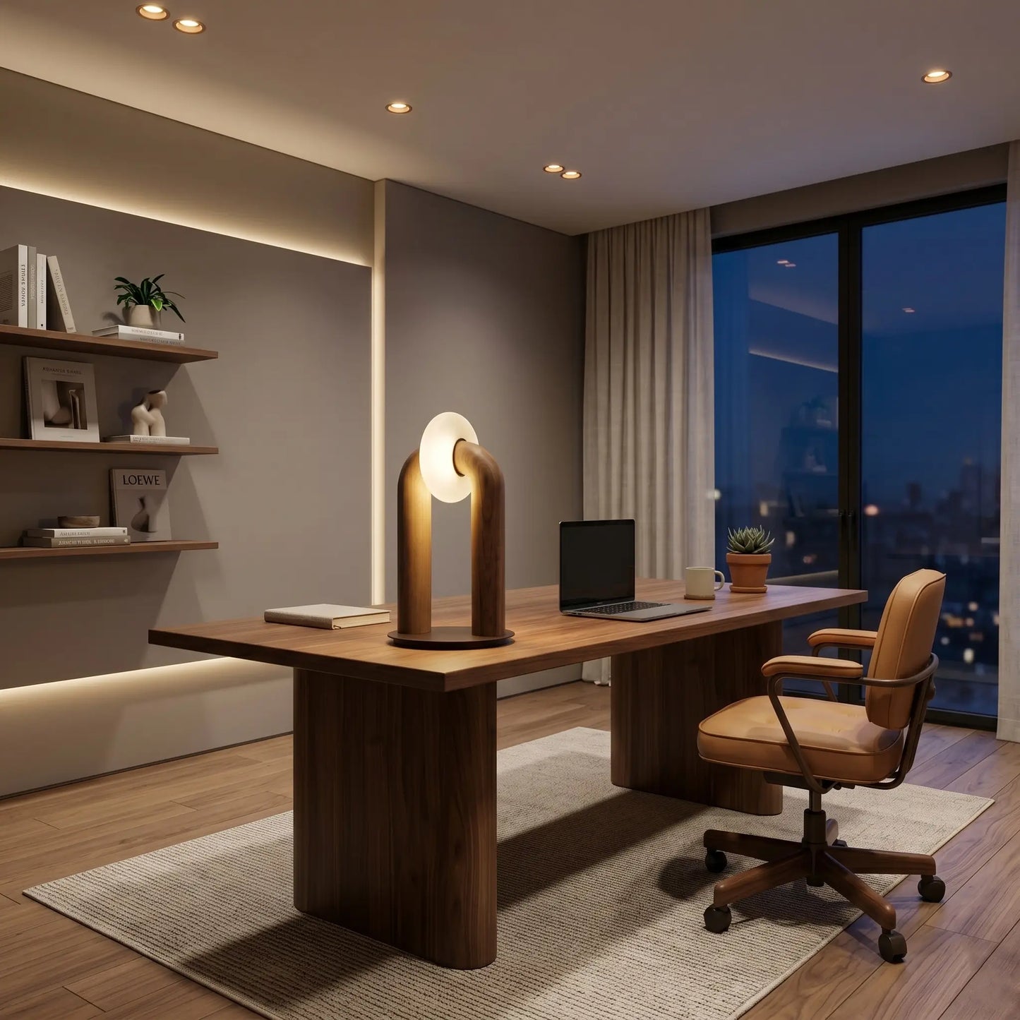 Lampe de bureau design Arcus dans un bureau minimaliste ambiance soir