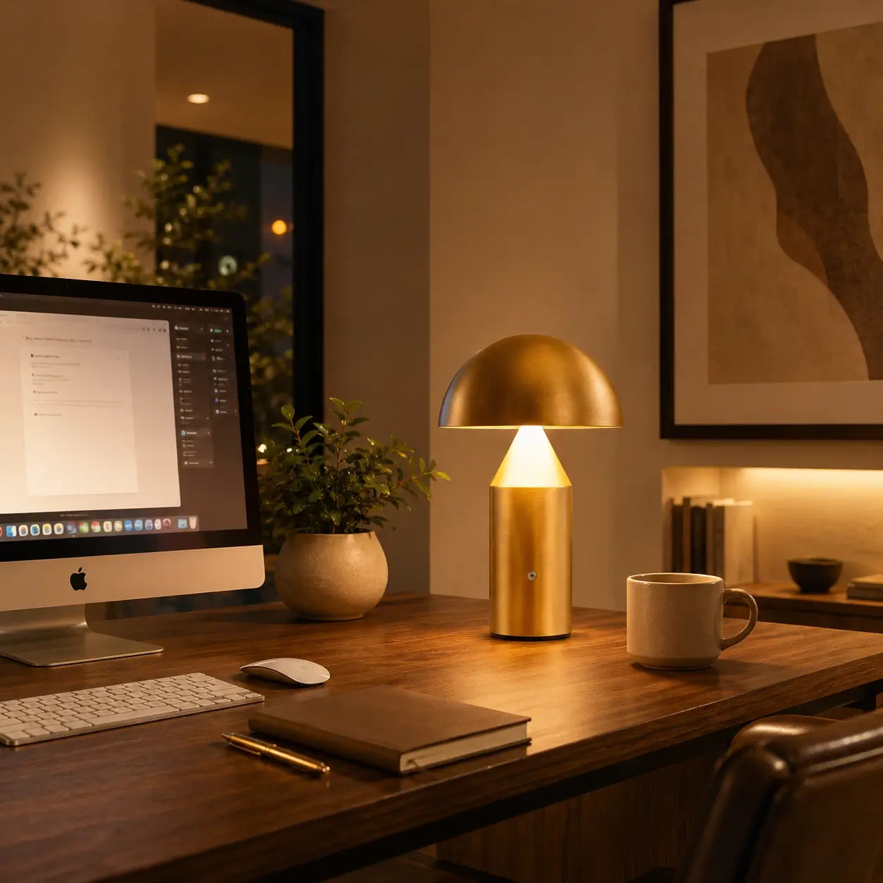 Lampe de bureau design Aurata allumée sur poste de travail avec iMac de nuit