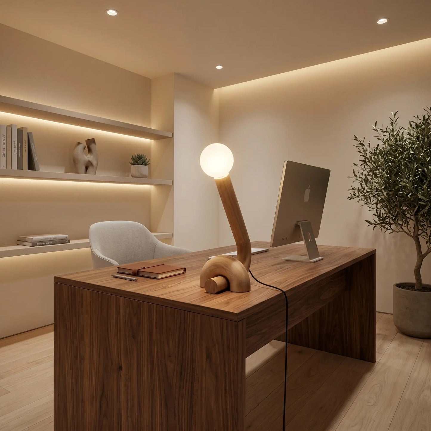 Lampe de bureau design Cauda dans un bureau minimaliste avec iMac