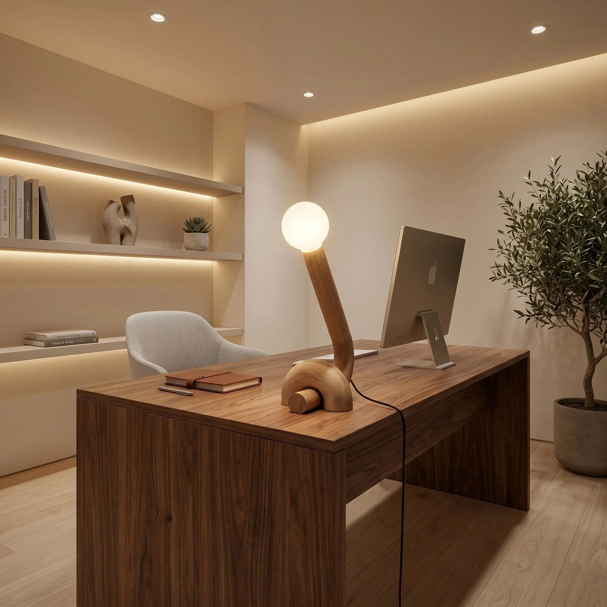 Lampe de bureau design Cauda dans un bureau minimaliste avec iMac