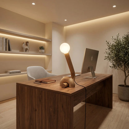Lampe de bureau design Cauda dans un bureau minimaliste avec iMac