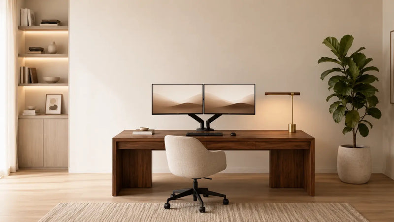 Lampe de bureau design en laiton sur un bureau bois dans un home office minimaliste double écran