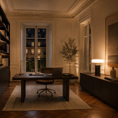 Lampe de bureau design Noctis éclairant un home office haussmannien avec vue sur Paris