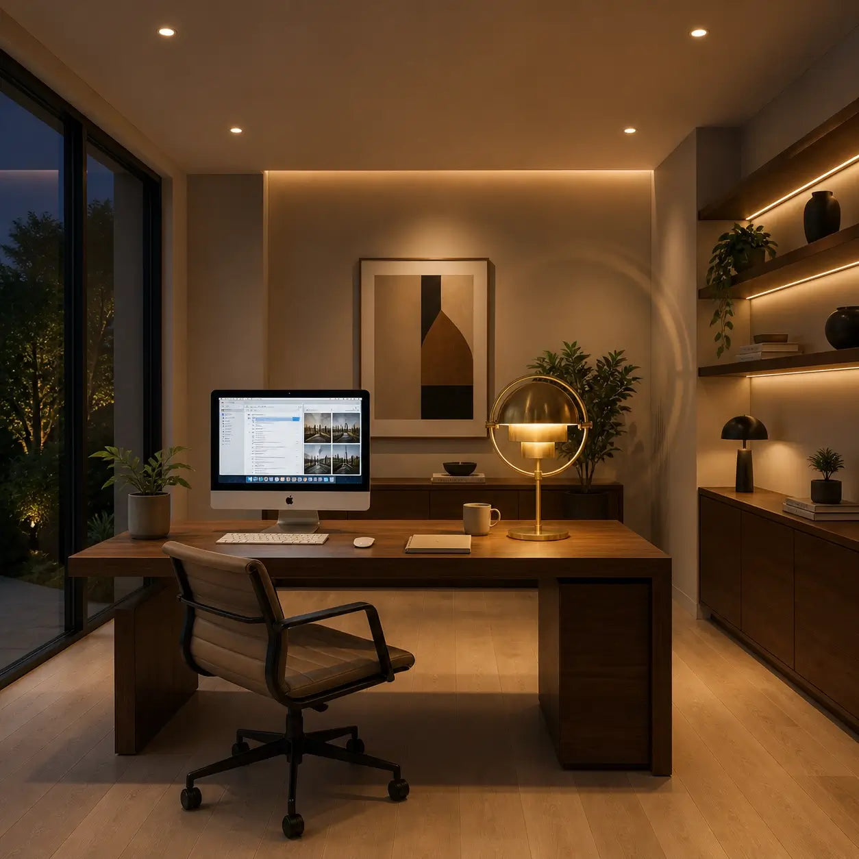 Lampe de bureau design Solaria bureau minimaliste ambiance soir