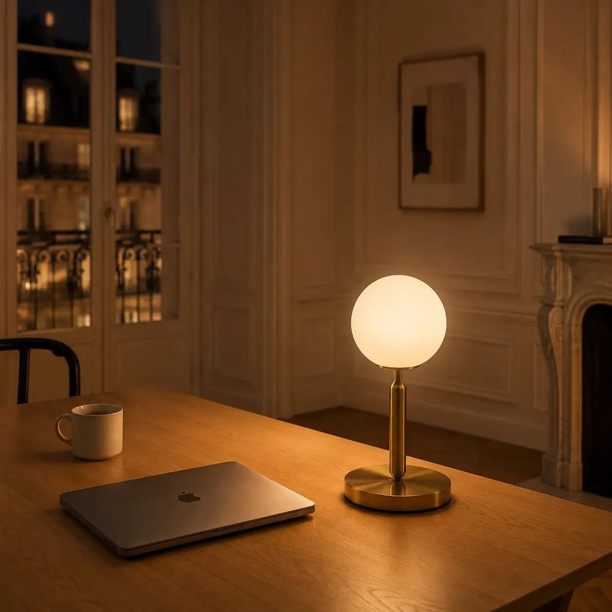Lampe de bureau Luna à globe opale allumée sur un bureau en bois, lueur douce en soirée parisienne