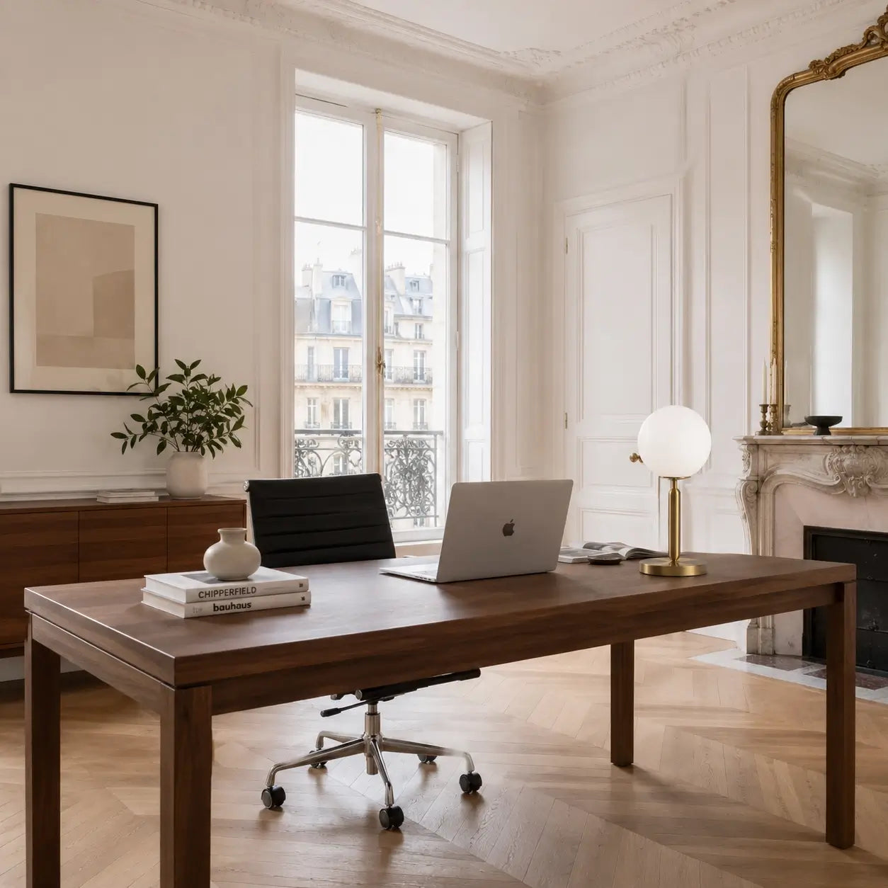 Lampe de bureau Luna à globe opale sur un grand bureau en noyer dans un bureau haussmannien avec fauteuil et miroir doré