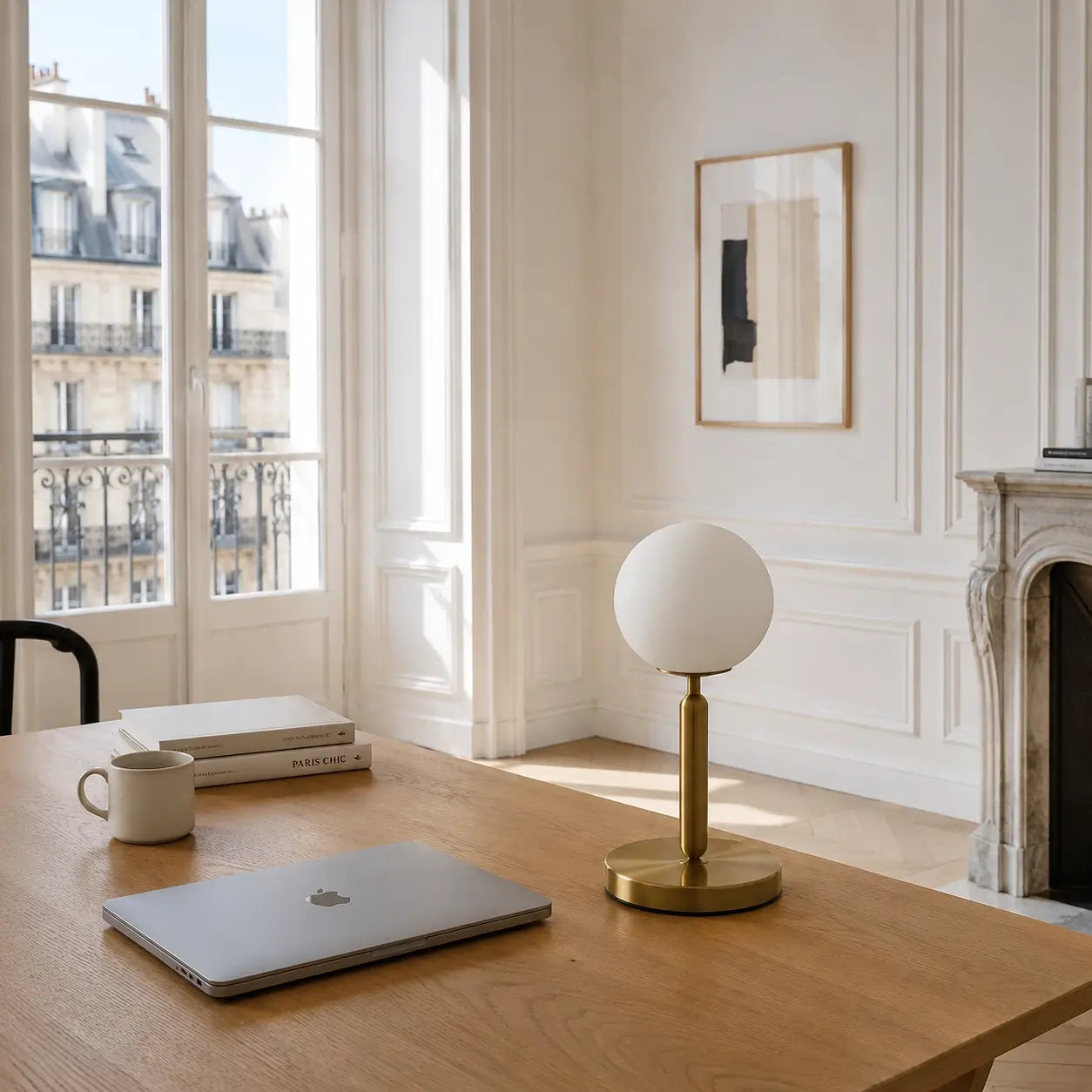 Lampe de bureau Luna à globe opale posée sur un bureau en chêne dans un intérieur haussmannien lumineux