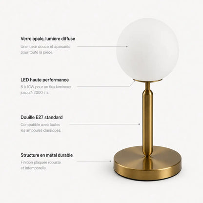 Caractéristiques de la lampe de bureau Luna : verre opale, LED haute performance, douille E27, structure en métal