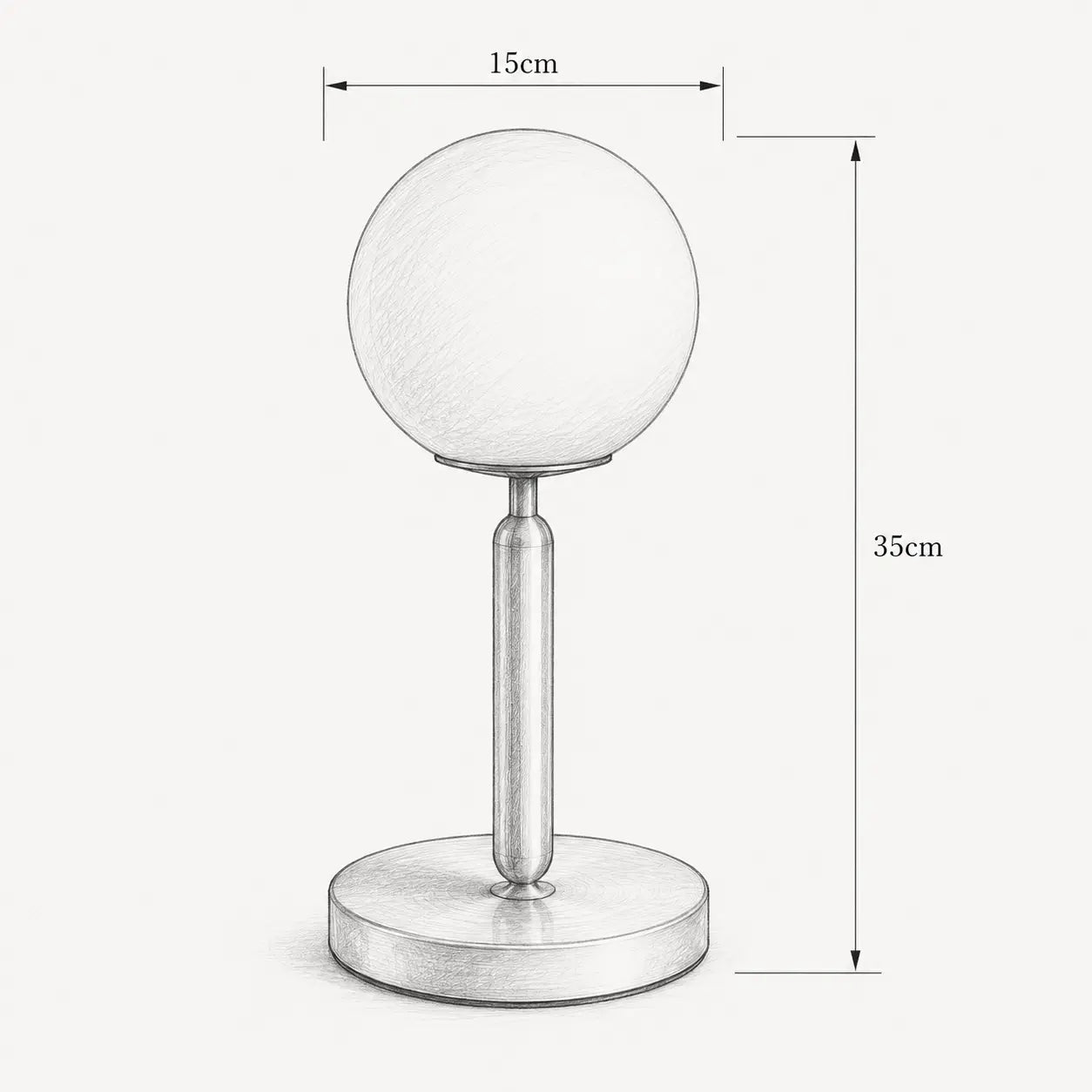 Dimensions de la lampe de bureau Luna : hauteur 35 cm, globe 15 cm de diamètre