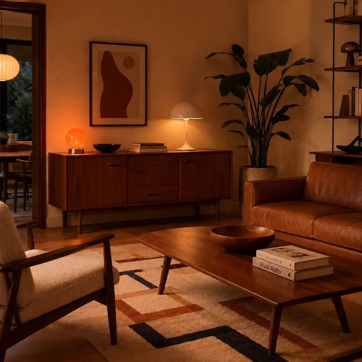 Lampe de bureau Ignis à globe orange allumée sur une enfilade en noyer dans un salon mid-century aux tons chauds