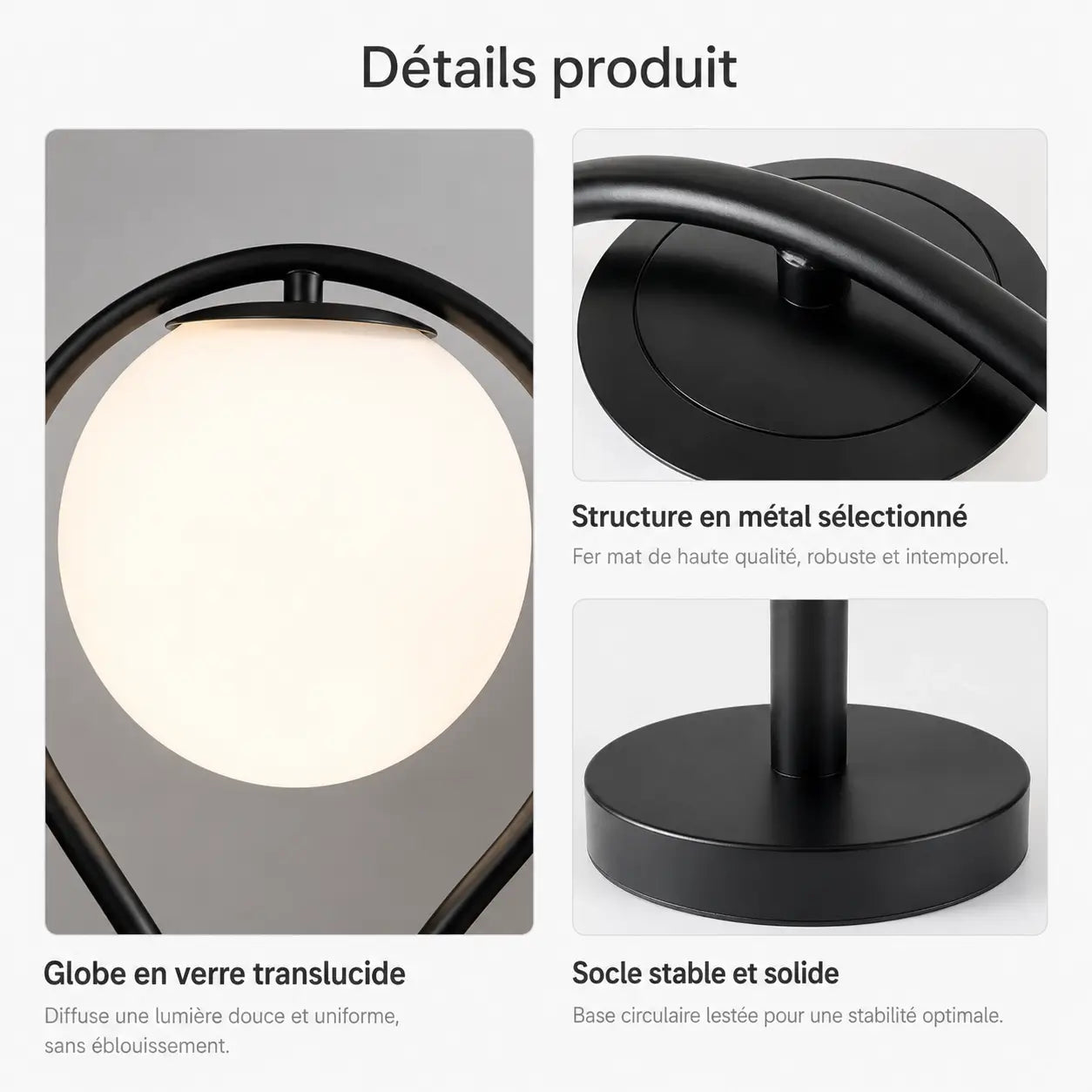 Détails de la lampe de bureau Halos : globe en verre translucide, structure en métal mat, socle circulaire lesté
