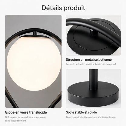 Détails de la lampe de bureau Halos : globe en verre translucide, structure en métal mat, socle circulaire lesté
