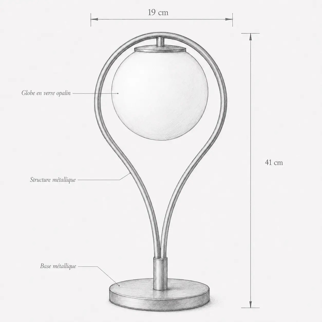 Dimensions de la lampe de bureau Halos : hauteur 41 cm, largeur 19 cm, globe en verre opalin