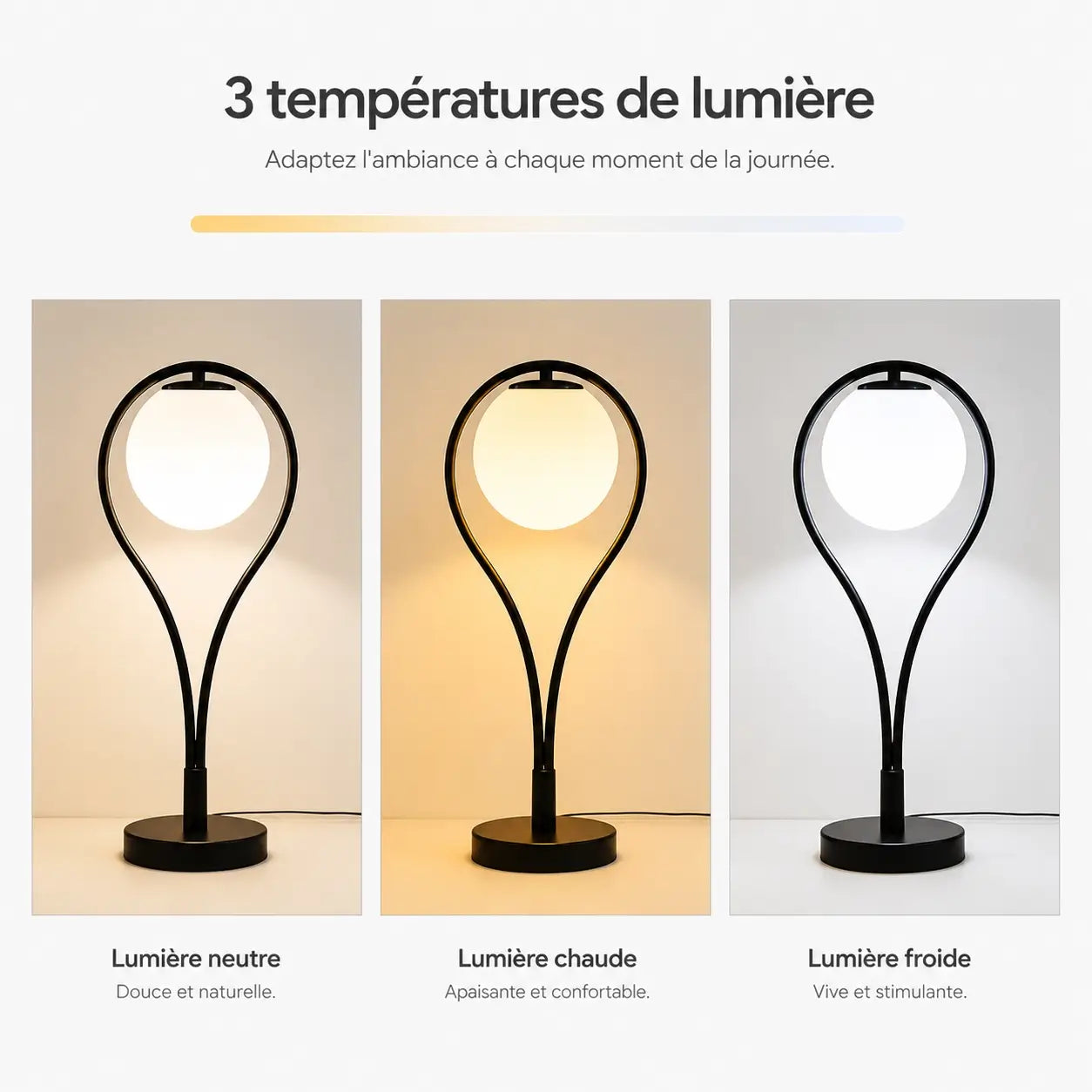Trois températures de lumière de la lampe de bureau Halos : neutre, chaude et froide