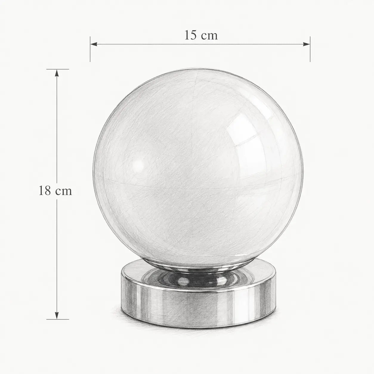Dimensions de la lampe de bureau Ignis : hauteur 18 cm, globe 15 cm de diamètre